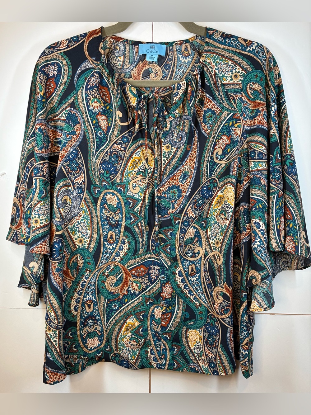 CeCe Women's Paisley Print Tie Neck Bell Sleeve Blouse Teal Navy Boho Medium
